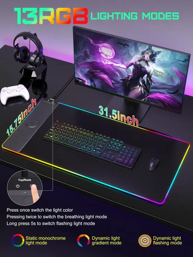 Alt view image 4 of 5 - TopMade Wireless Charging Mouse Pad, RGB Gaming Mousepad Home Office Large Desk Pad with 13 Light Modes, Ultra-Smooth Surface, Non-Slip Base, Waterproof Keyboard Pad, Classic Black Desk Mat