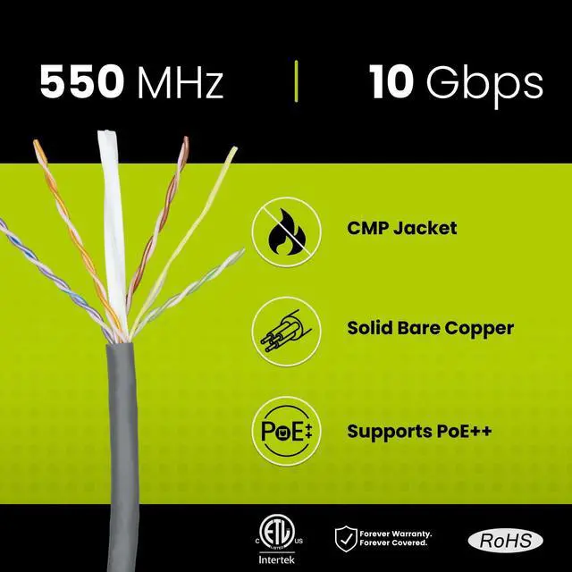 Alt view image 2 of 5 - trueCABLE Cat6 Plenum (CMP), 1000ft, Gray, 23AWG 4 Pair Solid Bare Copper, 550MHz, PoE++ (4PPoE), ETL Listed, Unshielded Twisted Pair (UTP), Bulk Ethernet Cable