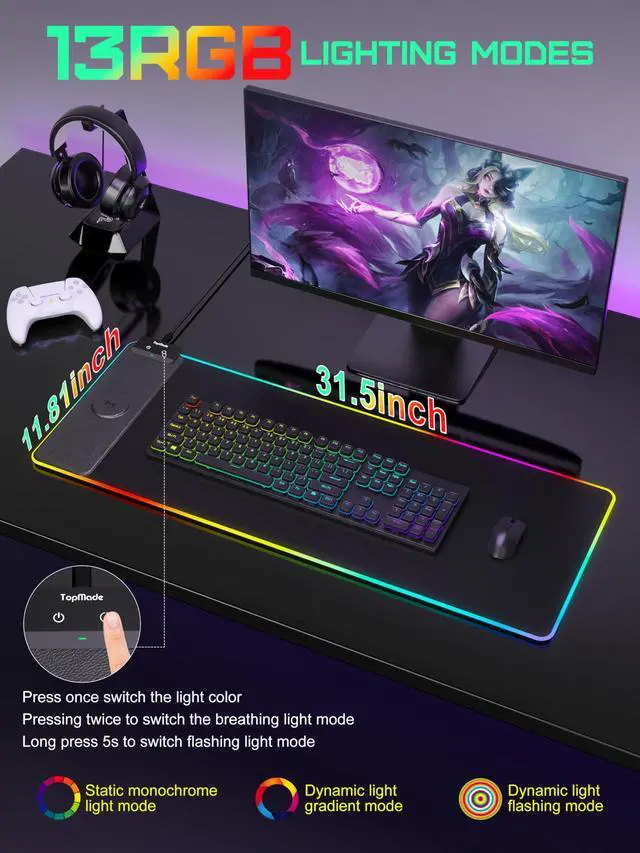 Alt view image 4 of 5 - TopMade Mouse Pad with Wireless Charging, 31.5" x 11.81" Large Desk Mat RGB Gaming Mousepad, LED Desk Pad Keyboard Pad with Ultra-Smooth Surface & Non-Slip Rubber Base, Waterproof Desk Pad
