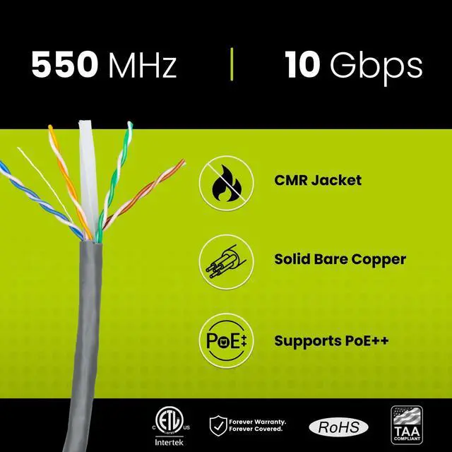 Alt view image 2 of 5 - trueCABLE Cat6 Riser (CMR), 500ft, Gray, 23AWG 4 Pair Solid Bare Copper, 550MHz, PoE++ (4PPoE), ETL Listed, Unshielded Twisted Pair (UTP), Bulk Ethernet Cable