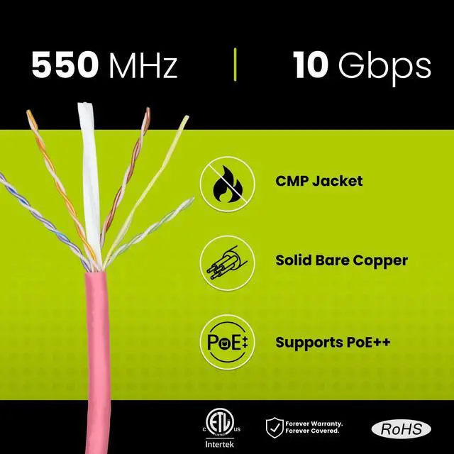 Alt view image 2 of 5 - trueCABLE Cat6 Plenum (CMP), 1000ft, Pink, 23AWG 4 Pair Solid Bare Copper, 550MHz, PoE++ (4PPoE), ETL Listed, Unshielded Twisted Pair (UTP), Bulk Ethernet Cable