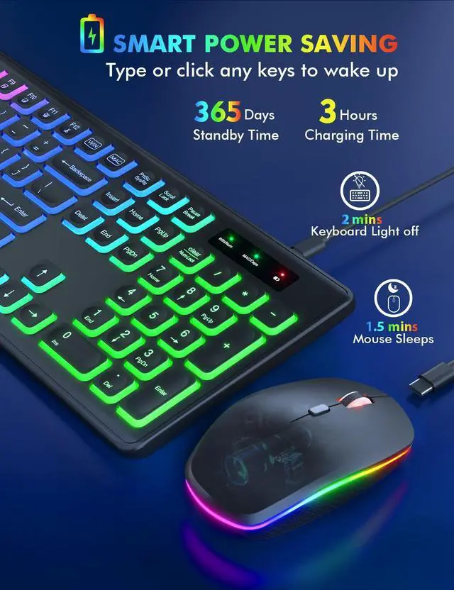 Alt view image 3 of 5 - Wireless Keyboard and Mouse Combo - RGB Backlit, Rechargeable & Light Up Letters, Full-Size, Ergonomic Tilt Angle, Sleep Mode, 2.4GHz Quiet Keyboard Mouse for Mac, Windows, Laptop, PC