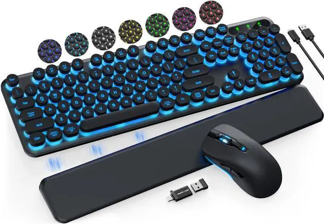 Main image of Wireless Keyboard and Mouse Backlit - Typewriter Keyboard with Detachable Wrist Rest, Retro Round Keycaps, Light Up Letters, 2.4G Cordless Combo for Mac, Windows, PC, Laptop, Trueque [2024 Upgraded]