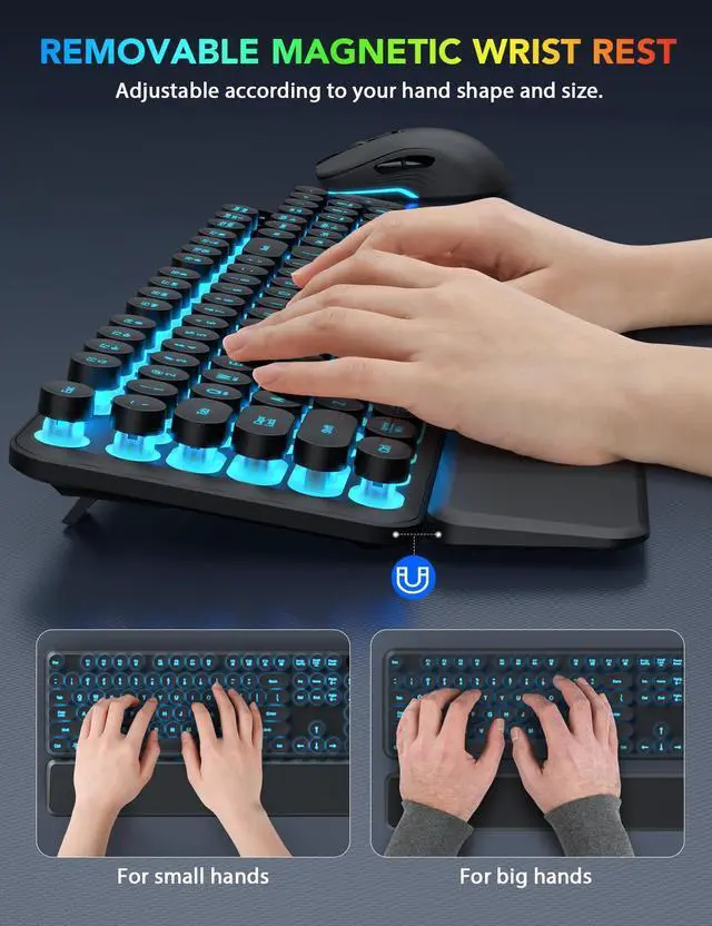 Alt view image 3 of 5 - Wireless Keyboard and Mouse Backlit - Typewriter Keyboard with Detachable Wrist Rest, Retro Round Keycaps, Light Up Letters, 2.4G Cordless Combo for Mac, Windows, PC, Laptop, Trueque [2024 Upgraded]