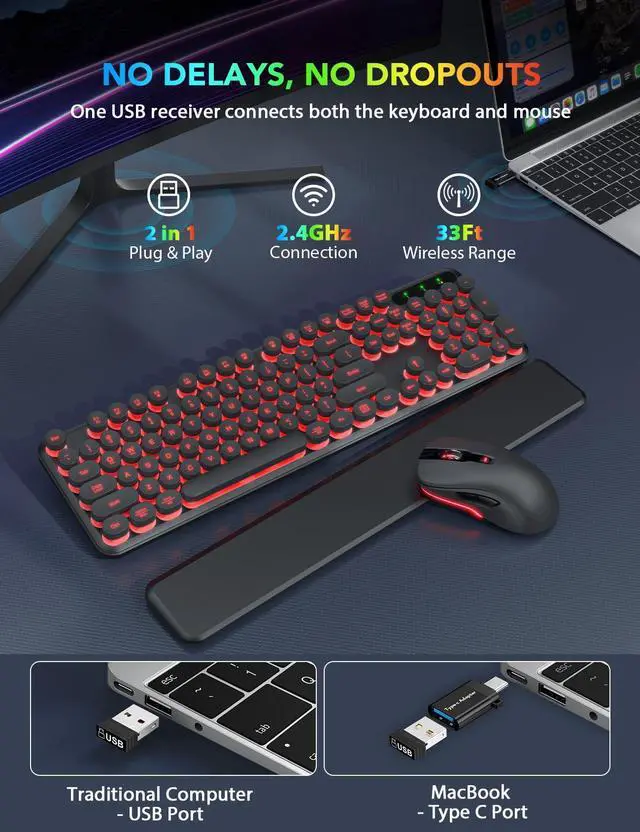 Alt view image 4 of 5 - Wireless Keyboard and Mouse Backlit - Typewriter Keyboard with Detachable Wrist Rest, Retro Round Keycaps, Light Up Letters, 2.4G Cordless Combo for Mac, Windows, PC, Laptop, Trueque [2024 Upgraded]