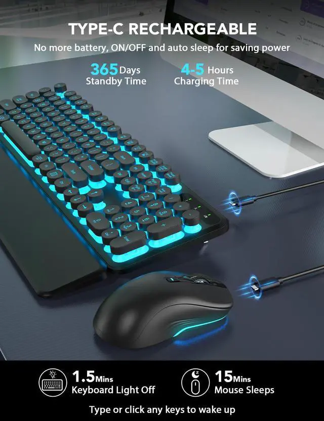 Alt view image 5 of 5 - Wireless Keyboard and Mouse Backlit - Typewriter Keyboard with Detachable Wrist Rest, Retro Round Keycaps, Light Up Letters, 2.4G Cordless Combo for Mac, Windows, PC, Laptop, Trueque [2024 Upgraded]