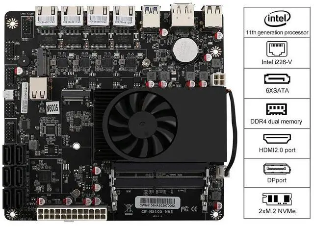 Alt view image 2 of 5 - N5105 Industria NAS Motherboards 4 Cores 4 Threads Low Power Processor 4x2.5G i226 Network 2 M.2 Slot 6xSATA DP HDMI Mini ITX 17x17CM Soft Routing Board