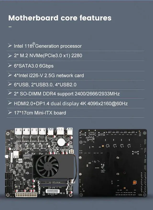 Alt view image 4 of 5 - N5105 Industria NAS Motherboards 4 Cores 4 Threads Low Power Processor 4x2.5G i226 Network 2 M.2 Slot 6xSATA DP HDMI Mini ITX 17x17CM Soft Routing Board