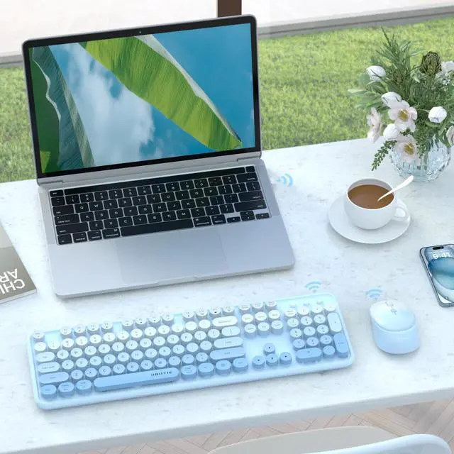 Alt view image 2 of 5 - UBOTIE Colorful Computer Wireless Keyboards Mouse Combos, Typewriter Flexible Keys Office Full-Sized Keyboard, 2.4GHz Dropout-Free Connection and Optical Mouse (Blue Gradient)