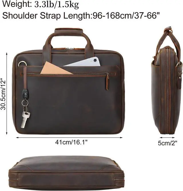 Alt view image 2 of 5 - Masa Kawa Full Grain Leather Slim Briefcase for Men for 15.6" / 16" Laptop Crossbody Shoulder Messenger Computer Bag Vintage Brown Business Travel Work Lawyer Attache Case