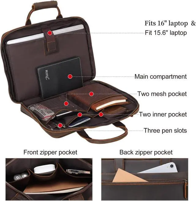 Alt view image 3 of 5 - Masa Kawa Full Grain Leather Slim Briefcase for Men for 15.6" / 16" Laptop Crossbody Shoulder Messenger Computer Bag Vintage Brown Business Travel Work Lawyer Attache Case