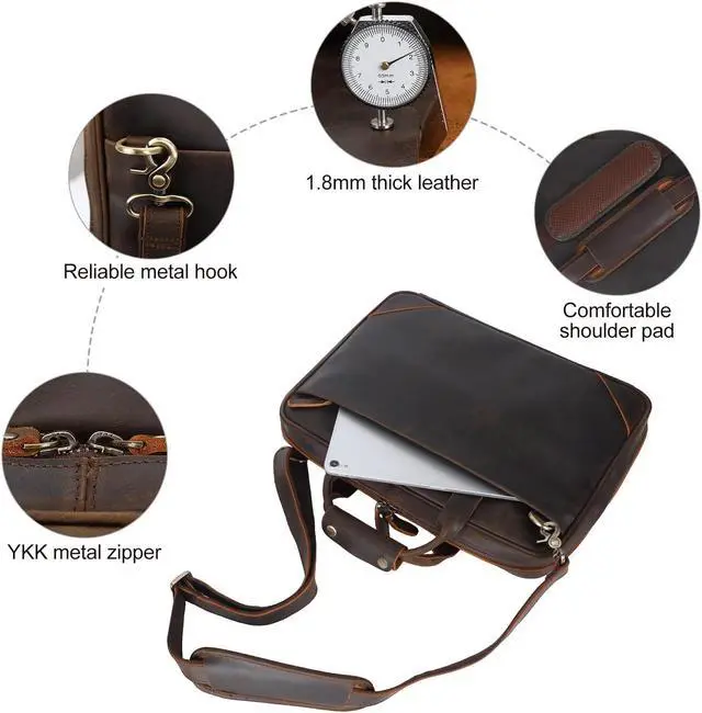 Alt view image 4 of 5 - Masa Kawa Full Grain Leather Slim Briefcase for Men for 15.6" / 16" Laptop Crossbody Shoulder Messenger Computer Bag Vintage Brown Business Travel Work Lawyer Attache Case