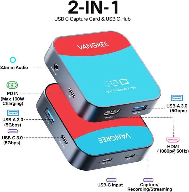 Alt view image 2 of 5 - USB-C Video Capture Card & USB Hub, 1080P 60FPS USB C Video Capture USB 3.0 100W PD with Ultra-Low Latency for Gaming, Streaming, Recording, Compatible with Switch, iPad, Meta Quest 3, iPhone 15