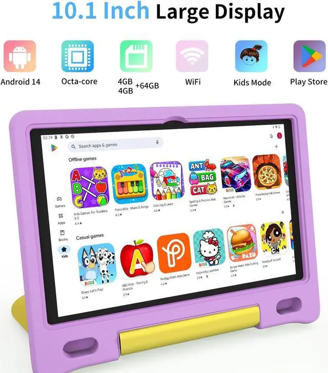 Alt view image 2 of 5 - VNEIMQN Kids Tablet, 10.1 Inch Tablet for Kids, Android 14, 64GB, Octa-Core CPU, WiFi, Big Battery, Kids Conten, Parental Control, HD Display Children Age 3-12, Bluetooth, Purple Case