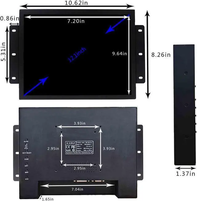 Alt view image 3 of 5 - VSDISPLAY 12.1 Inch 10 Points Touch Screen Industrial LCD Monitor 1024x768 4:3 Aspect Ratio Display with Wall Mounting Brackets,Supports HD-MI/VGA/DVI Input