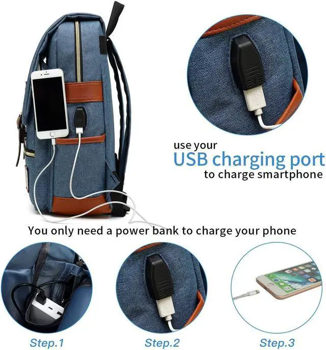 Alt view image 3 of 5 - Mancio Slim Vintage Laptop Backpack For women,Men For Travel, College, Dayparks, Fits up to 15.6Inch Notebook in Blue