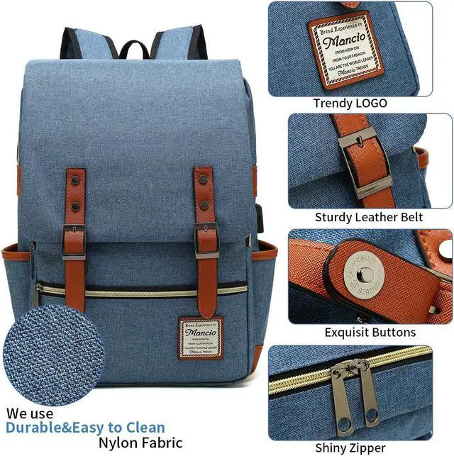 Alt view image 5 of 5 - Mancio Slim Vintage Laptop Backpack For women,Men For Travel, College, Dayparks, Fits up to 15.6Inch Notebook in Blue