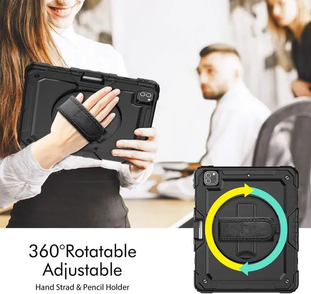 Alt view image 4 of 5 - Whmeolyo iPad Pro 12.9 Case 2022 6th Gen/2021 5th Gen/2020 4th Gen/2018 3rd Gen, Shockproof Rugged 12.9 inch iPad Pro Case with Screen Protector Pencil Holder,Kickstand Hand & Shoulder Strap,Black