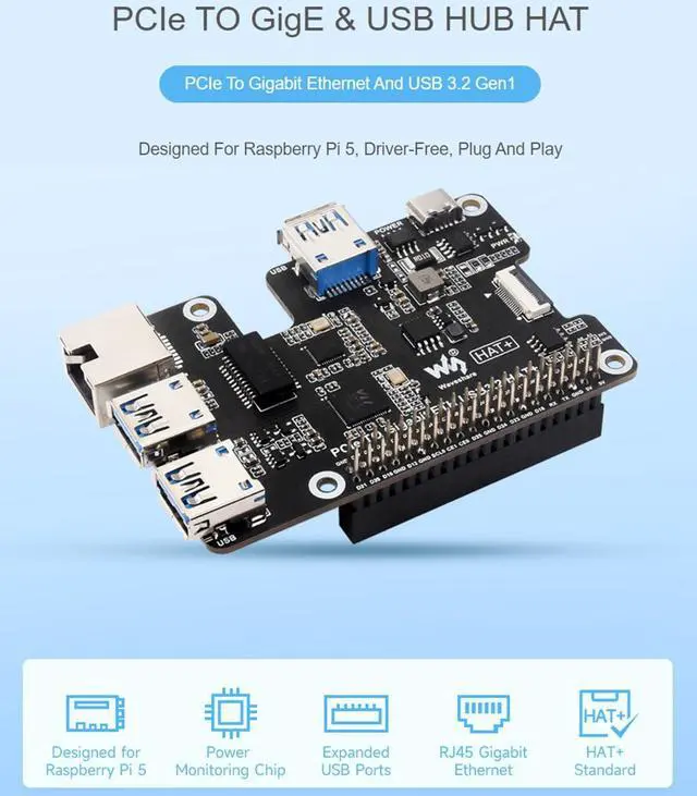 Alt view image 2 of 5 - PCIe to Gigabit Ethernet and USB 3.2 Gen1 HAT for Raspberry Pi 5, PCIe to GigE & USB HUB HAT Extend 3X USB 3.2 Gen1, 1x Gigabit Ethernet, Driver-Free, Plug and Play, Pi 5 PCIe HAT+