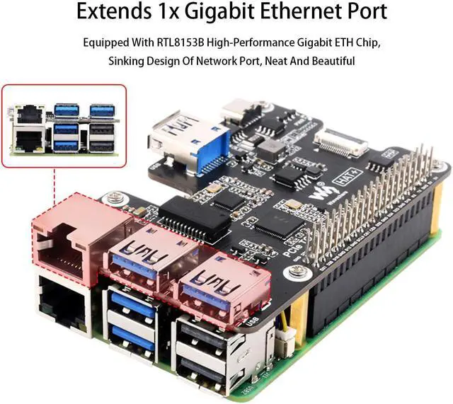 Alt view image 5 of 5 - PCIe to Gigabit Ethernet and USB 3.2 Gen1 HAT for Raspberry Pi 5, PCIe to GigE & USB HUB HAT Extend 3X USB 3.2 Gen1, 1x Gigabit Ethernet, Driver-Free, Plug and Play, Pi 5 PCIe HAT+