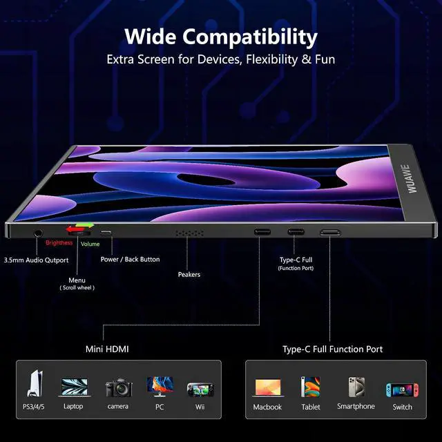 Alt view image 4 of 5 - WUAWE Portable Monitor 16" 1920x1200P 16:10 IPS Travel Monitor for Laptop with Built-in Stand, 100% sRGB Control USB-C HDMI,HDR Freesync Display, Plug&Play for Phone PS5 Switch(Black)