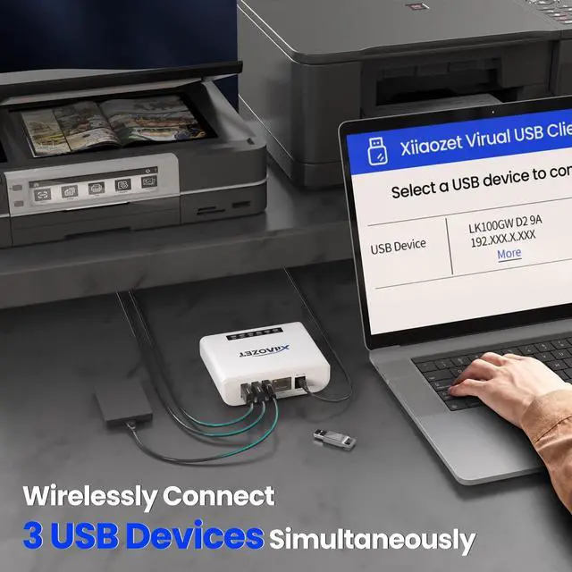 Alt view image 5 of 5 - Xiiaozet Wireless USB Server and Print Server Share USB Devices (Printer, Scanner or More) Over LAN via Ethernet or WiFi Network Easy Setup Compatible with Windows Mac and Linux Virtual USB (LK300EW)