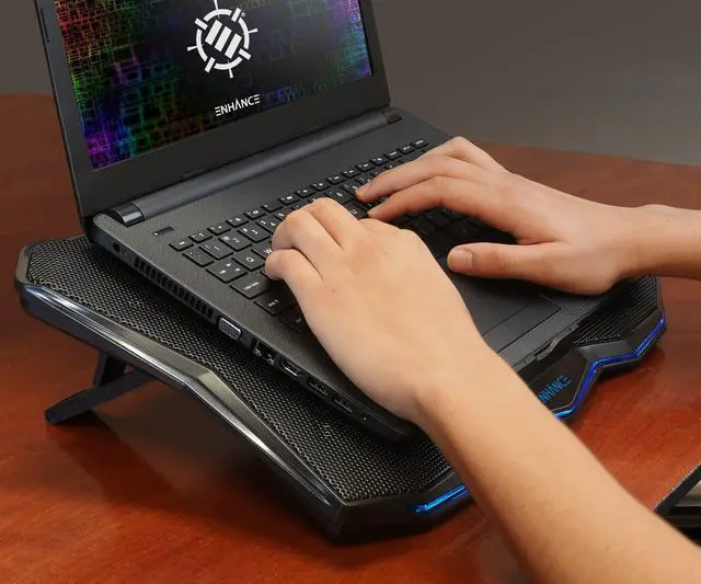 Alt view image 3 of 5 - ENHANCE Cryogen 5 Gaming Laptop Cooling Pad Stand - Laptop Cooler with 7 Adjustable Height Settings & Dual USB Ports up to 17 inches - 1 Ultra Quiet High Performance LED Fan 800 RPM - Blue