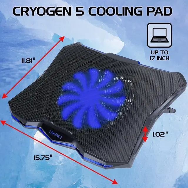 Alt view image 2 of 5 - ENHANCE Cryogen 5 Gaming Laptop Cooling Pad Stand - Laptop Cooler with 7 Adjustable Height Settings & Dual USB Ports up to 17 inches - 1 Ultra Quiet High Performance LED Fan 800 RPM - Blue