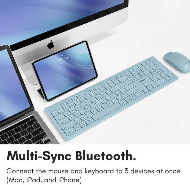Alt view image 3 of 5 - Macally Bluetooth Keyboard and Mouse Combo for Mac, iPad, iPhone - Vibrant iMac Colors - (3 Channels, Rechargeable, Full Size, Emoji Keys) - Mac Mouse and Keyboard Combo Wireless - Light Blue
