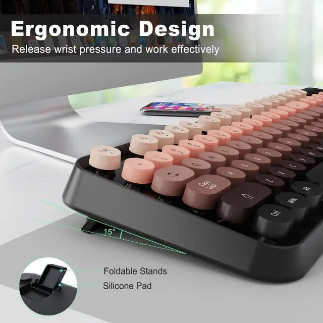 Alt view image 3 of 5 - Wireless Keyboard Mouse Combo,104 Round Keys Cute Colorful Keyboard with Retro Typewriter Style,Letton Full Size Keyboard with Number Pad&Mouse with 3 DPI for PC Mac Laptop Computer Windows-Black