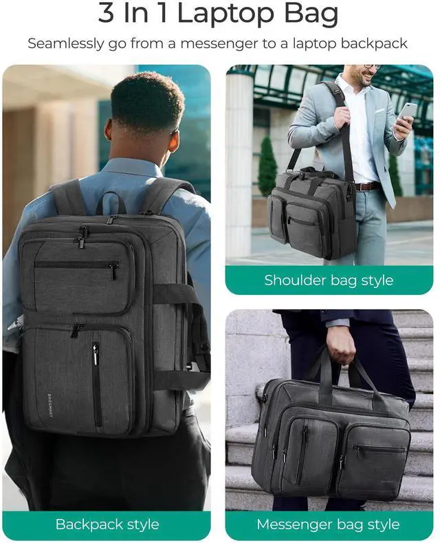 Alt view image 2 of 5 - BAGSMART 3 In 1 Laptop Bag for Men, Computer Briefcase 17.3 Inch Laptop Water-Repellent Shoulder Bag, Computer Bag Business Travel Office, Black