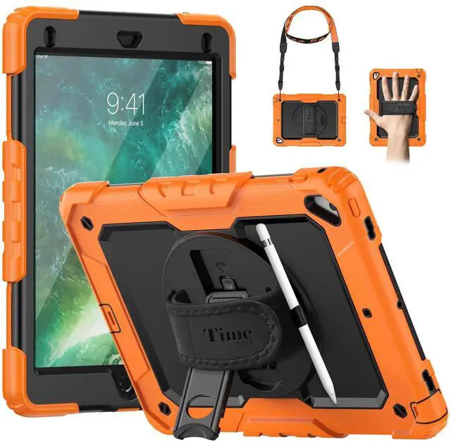Main image of Timecity Case for iPad 6th/5th Generation, for iPad 9.7 Inch Case with Screen Protector Rotating Stand/Hand Strap Full-Body Silicone+PC Durable Protective Case for iPad 5th/6th /Air 2/Pro 9.7- Orange