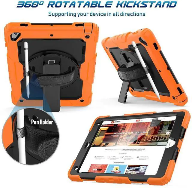 Alt view image 5 of 5 - Timecity Case for iPad 6th/5th Generation, for iPad 9.7 Inch Case with Screen Protector Rotating Stand/Hand Strap Full-Body Silicone+PC Durable Protective Case for iPad 5th/6th /Air 2/Pro 9.7- Orange