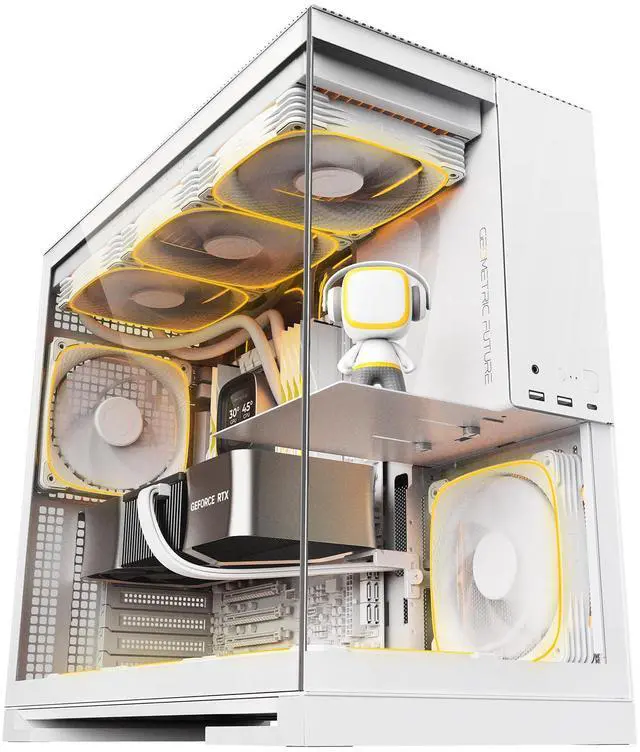 Main image of Geometric Future M5 Tempered Glass Mid Tower, E-ATX/ATX Gaming Case, 1.2mm Steel, Type C, Toolless Panels, Support 420/360 Radiator, ARGB PWM 140m Fan x 5 Pre-Installed, White, GEO-M5F-W