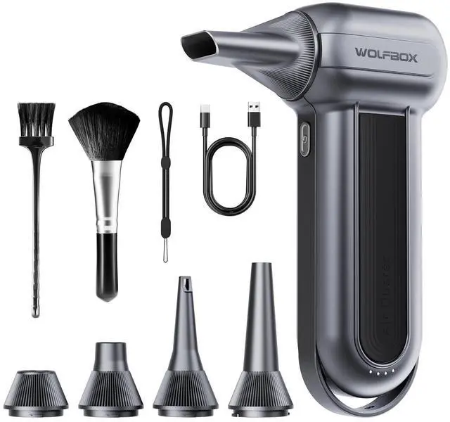 Main image of WOLFBOX MF100 Electric Air Duster-150000RPM Super Power Cordless Air Duster, Rechargeable Brushless Motor Durable Blower, 3-Gear Adjustable Dust Blower for Computer, Keyboard, Outdoor, House and Car