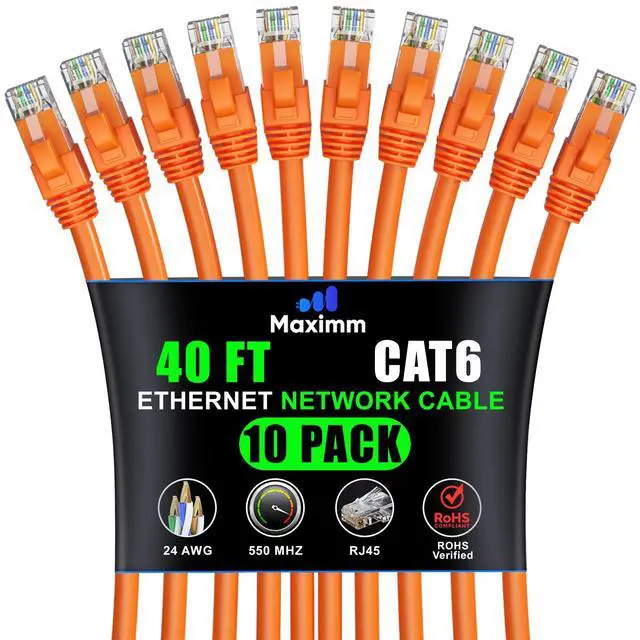 Main image of Maximm Cat 6 Ethernet Cable 40 ft (10-Pack) - High-Speed LAN Cable, Internet Cable, Patch Cable, and Network Cable - UTP, 10Gbps, 550MHz Ethernet Cord - Orange