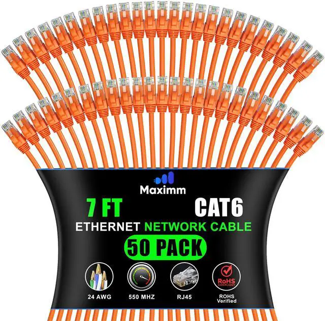 Main image of Maximm Cat 6 Ethernet Cable 7 Ft, (50-Pack) Cat6 Cable, LAN Internet and Network - UTP (Orange) 7 Feet