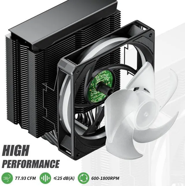 Alt view image 4 of 5 - upHere P5C 5V ARGB CPU Air Cooler 230w TDP 6mm x 5 Copper Heat Pipes CPU Cooler with 120mm Fan PWM 1800RPM 77.93CFM for Intel LGA 2011/2066 (Mainboard X79/X99)/1700/1200/1150/1121/1155/ AMD AM5/AM4