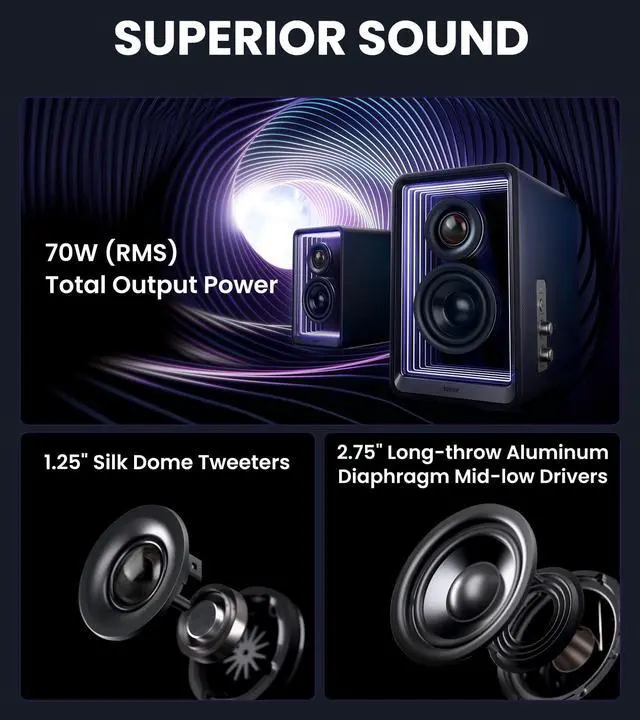 Alt view image 2 of 5 - Edifier QR65 Desktop Active Monitor with 2.75" Long-Throw Aluminum Diaphragm mid-Low Drivers, Hi-Res Audio, Brilliant Light Effects, 70W Output Power Bluetooth Speakers with Stands - Black