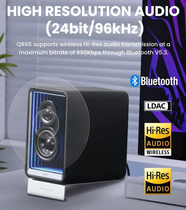 Alt view image 3 of 5 - Edifier QR65 Desktop Active Monitor with 2.75" Long-Throw Aluminum Diaphragm mid-Low Drivers, Hi-Res Audio, Brilliant Light Effects, 70W Output Power Bluetooth Speakers with Stands - Black