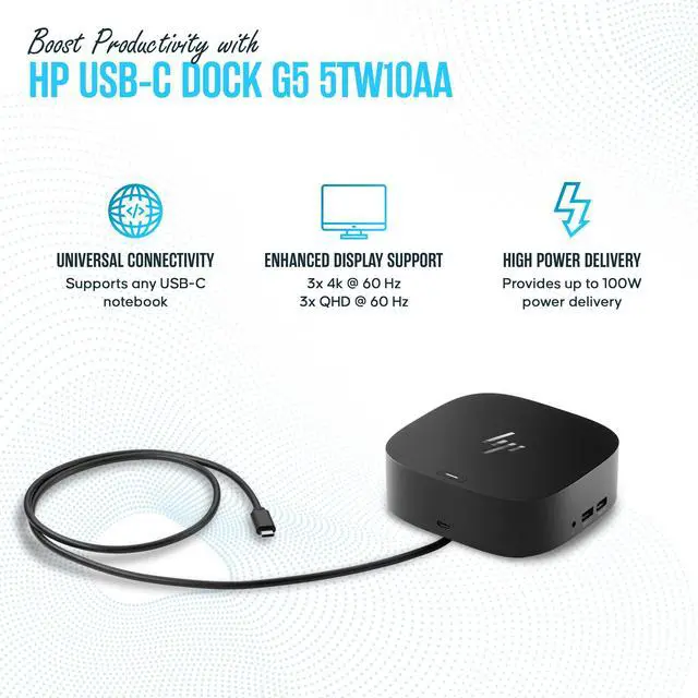 Alt view image 3 of 5 - HP Docking Station for Laptop Dual Monitor and Charging - 5TW10AA / 5TW10UT / 5TW10AA#ABB USB-C G5 Dock with 120W + HDMI Cable + DisplayPort Cable