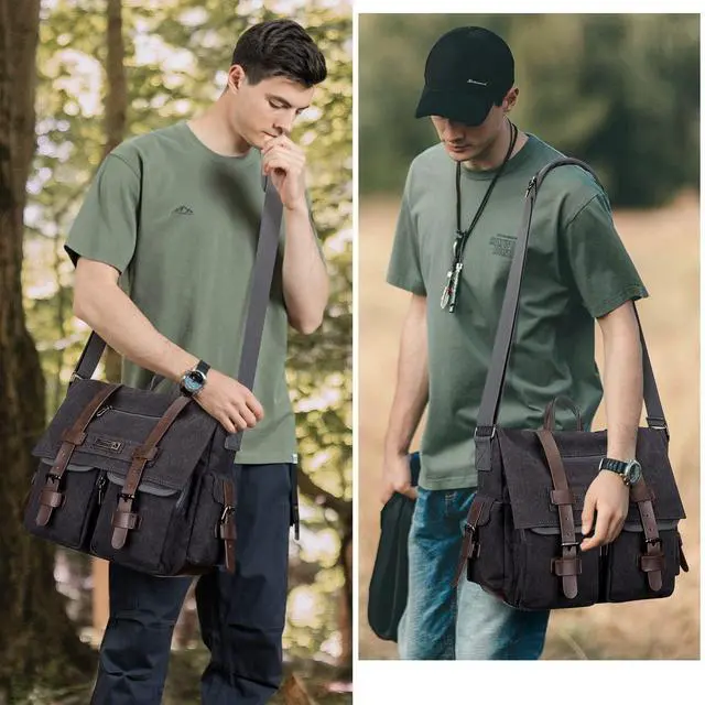 Alt view image 3 of 5 - WITZMAN Vintage Canvas Messenger Bag for Men and Women Medium Satchel Bags Crossbody with 14.2 inch Laptop (A8008 Black)