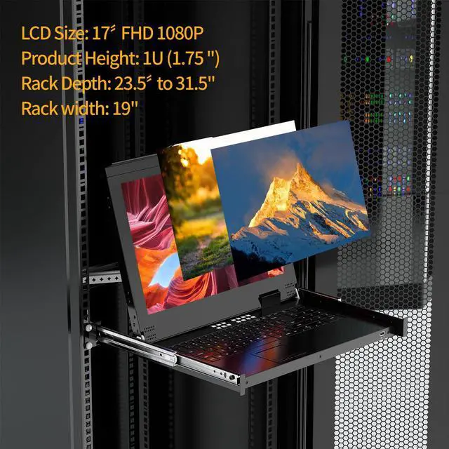Alt view image 2 of 5 - Rack Mount KVM w/17 LCD Monitor, Arvitek 8 Port KVM Switch VGA with Handle, Fit 1U 19" Rack, Support Hotkey+Button+OSD Switching + 8 VGA KVM Cables