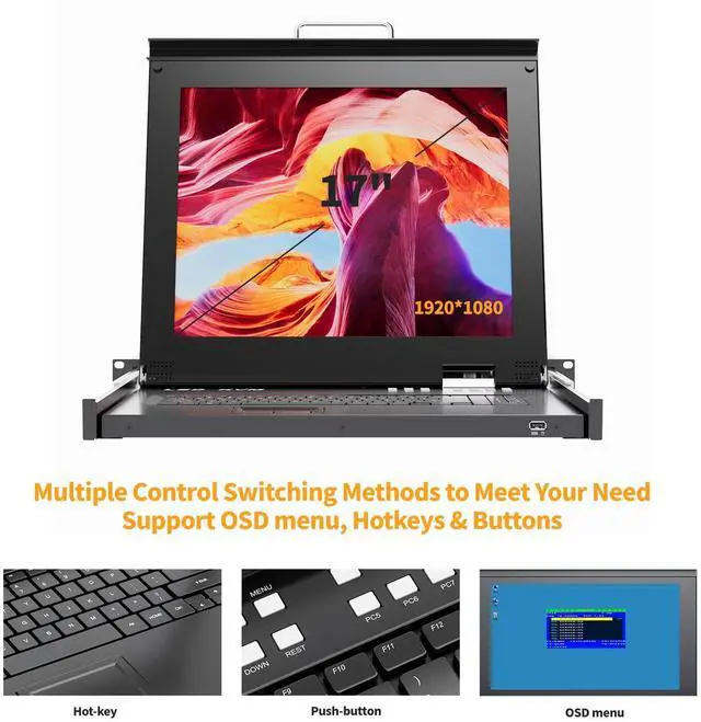 Alt view image 3 of 5 - Rack Mount KVM w/17 LCD Monitor, Arvitek 8 Port KVM Switch VGA with Handle, Fit 1U 19" Rack, Support Hotkey+Button+OSD Switching + 8 VGA KVM Cables