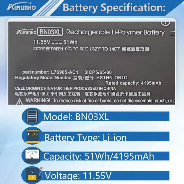 Alt view image 2 of 5 - AURUNHO BN03XL 51Wh Laptop Battery Replacement for hp Pavilion Plus 14-EH0000 Envy X360 15-EE 15-ES 15-EU 15M-EE Envy X360 13-BD 13-BA 13-AY Series HSTNN-DB9N HSTNN-OB1O L76985-271 L77034-005 11.55V