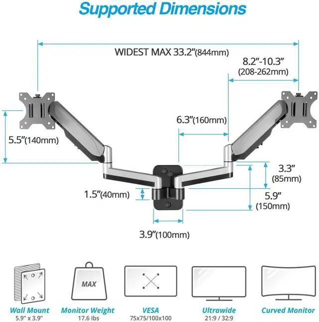 Alt view image 2 of 5 - AVLT Dual Extended 13"-32" Monitor Wall Mount fits Two Flat/Curved Computer Monitor Full Motion Height Swivel Tilt Rotation Adjustable Monitor Arm - VESA/Cable Management