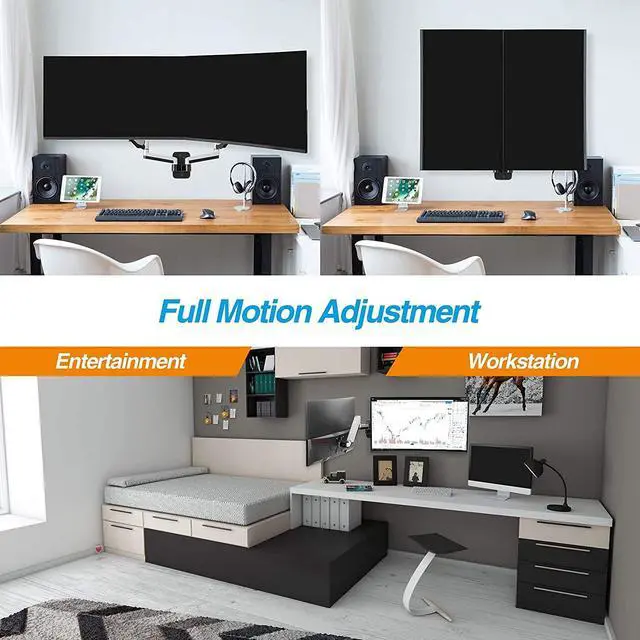 Alt view image 4 of 5 - AVLT Dual Extended 13"-32" Monitor Wall Mount fits Two Flat/Curved Computer Monitor Full Motion Height Swivel Tilt Rotation Adjustable Monitor Arm - VESA/Cable Management