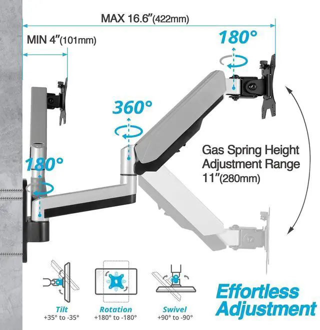Alt view image 3 of 5 - AVLT Dual Extended 13"-32" Monitor Wall Mount fits Two Flat/Curved Computer Monitor Full Motion Height Swivel Tilt Rotation Adjustable Monitor Arm - VESA/Cable Management