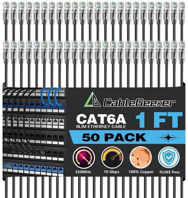 Main image of CableGeeker Patch Cables Cat6a 1ft (50 Pack) Slim, Cat6 Ethernet Patch Cable 10G Support, Snagless RJ45 Cat 6 Patch Cable for Patch Panel to Switch, Flexiable Network Cable - 1 Feet Black