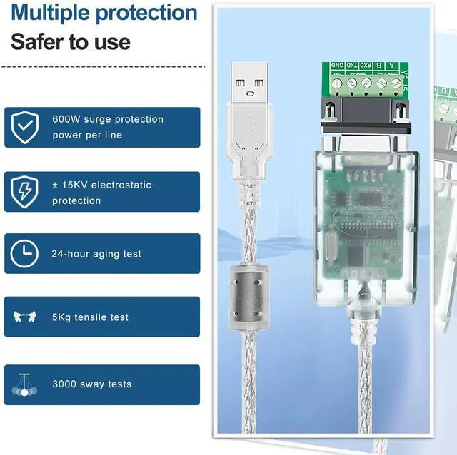 Alt view image 2 of 5 - Buacoz USB to RS485 RS232 Converter Cable, with CH340+ZT485 Chipset Serial Port Connector, 9.8 Feet Extension Cable Industrial Adapter Supports Windows XP 7 8/Linux/Mac